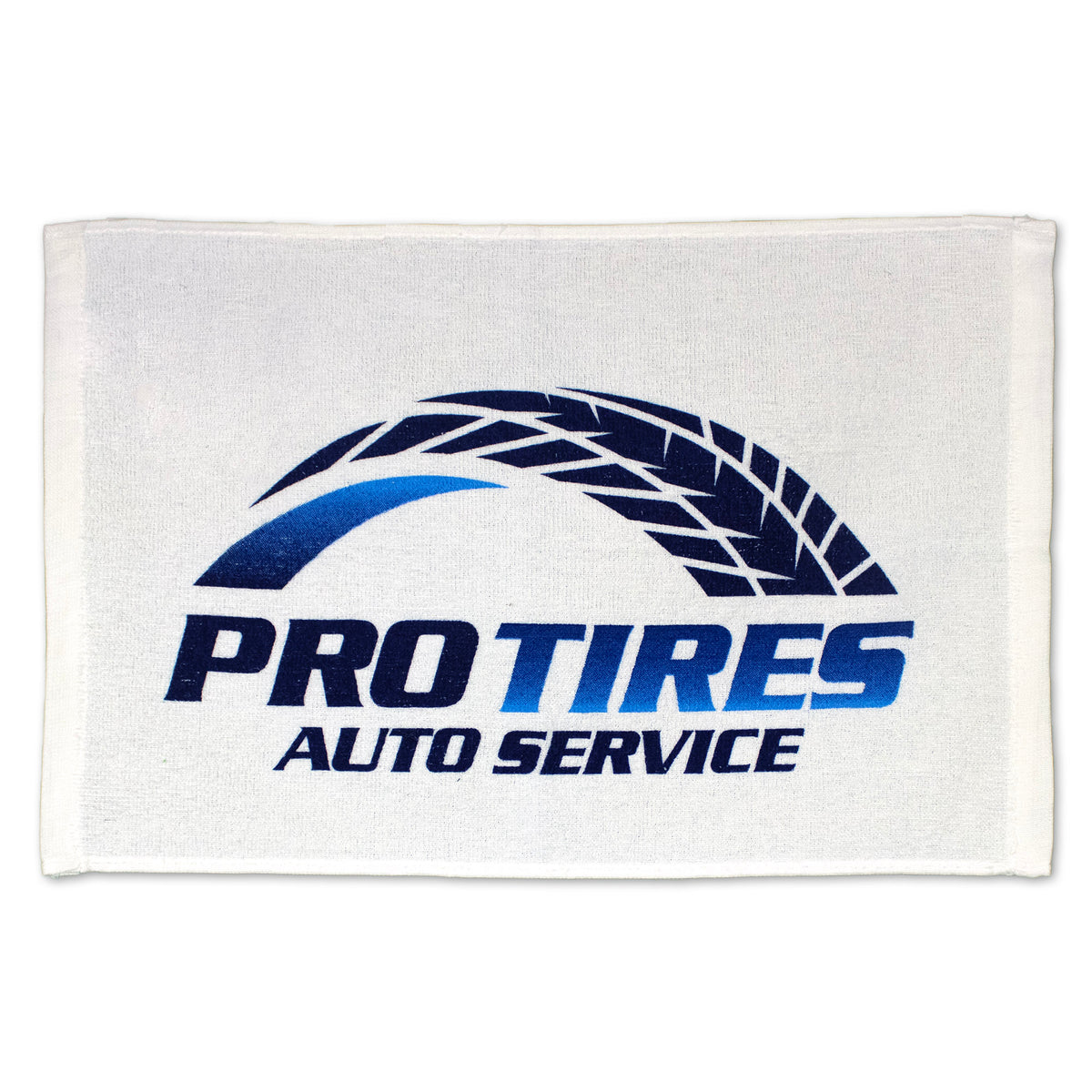A white Pro Towels Promotional Rally Towel featuring a blue tire tread graphic above bold blue PRO TIRES AUTO SERVICE text—perfect for brand visibility at events or bulk rally towel orders.