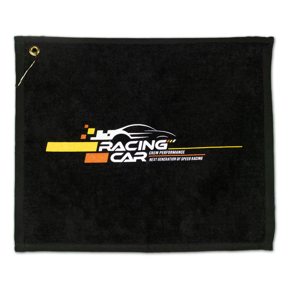 The Jewel Collection Soft Touch Golf Towel by Pro Towels is a black towel with a top-left grommet, featuring a stylized car graphic and "RACING CAR" plus "NEW PERFORMANCE NEXT GENERATION OF SPEED RACING" text in white, orange, and yellow.