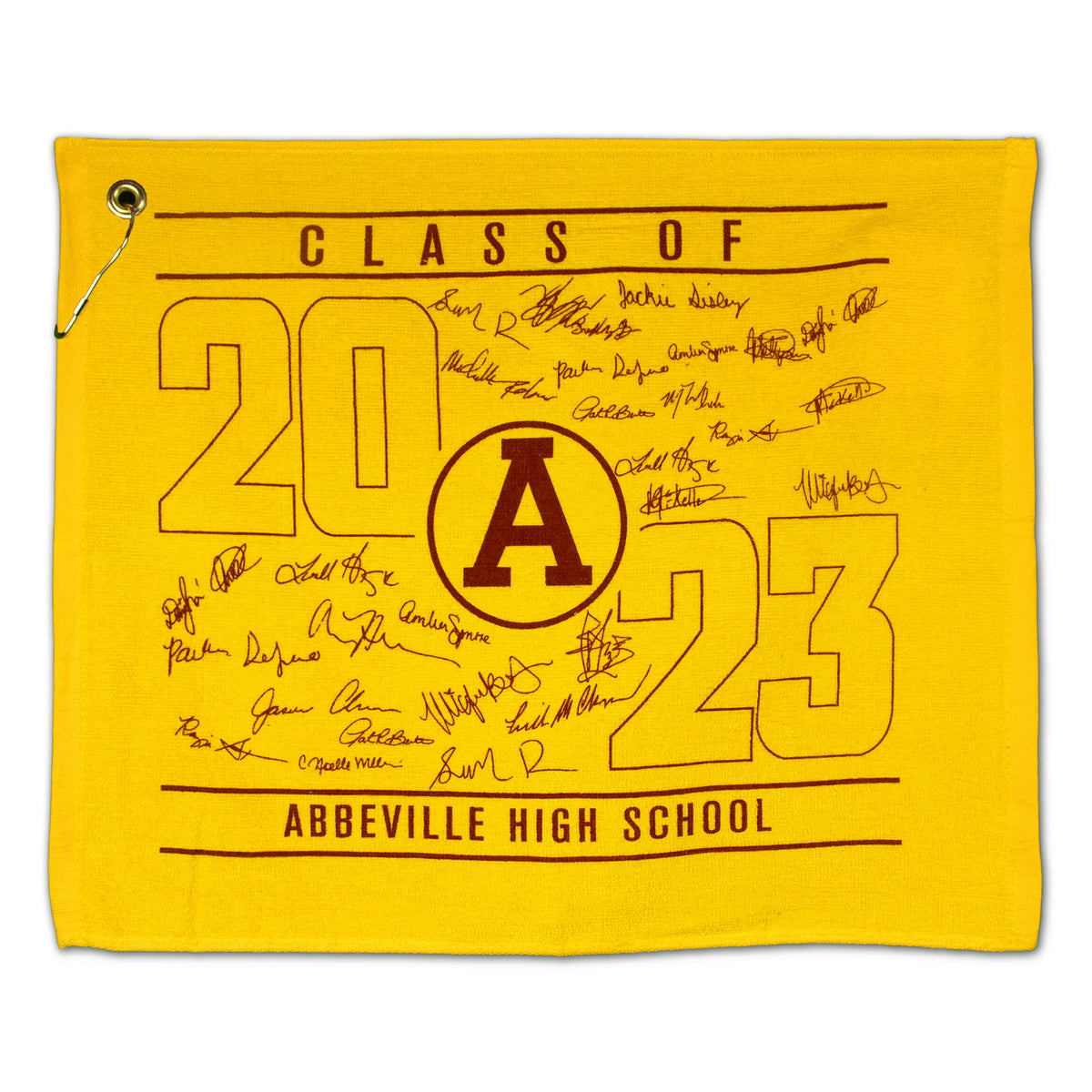 The Pro Towels Jewel Collection Soft Touch Golf Towel features a yellow banner with "Class of 2023" and "Abbeville High School" in maroon, a large center "A," many black signatures, and a safety pin attached at the top left.