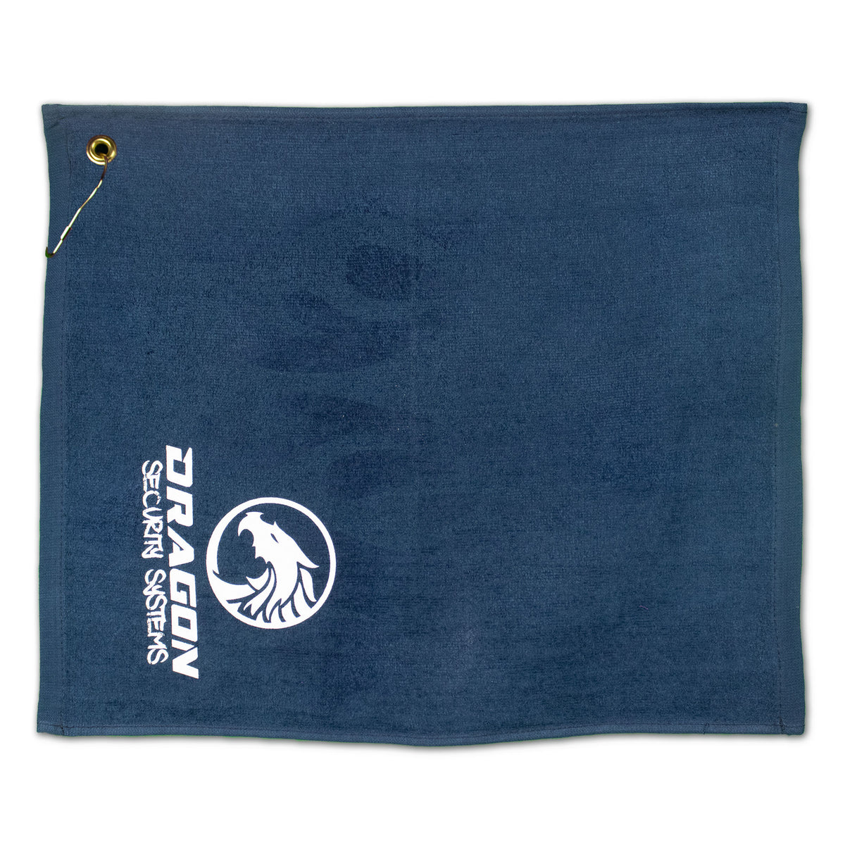 The Jewel Collection Soft Touch Golf Towel by Pro Towels is a navy blue rectangular towel with a grommet and gold string in one corner, featuring the white Dragon Security Systems logo and text printed on one side.