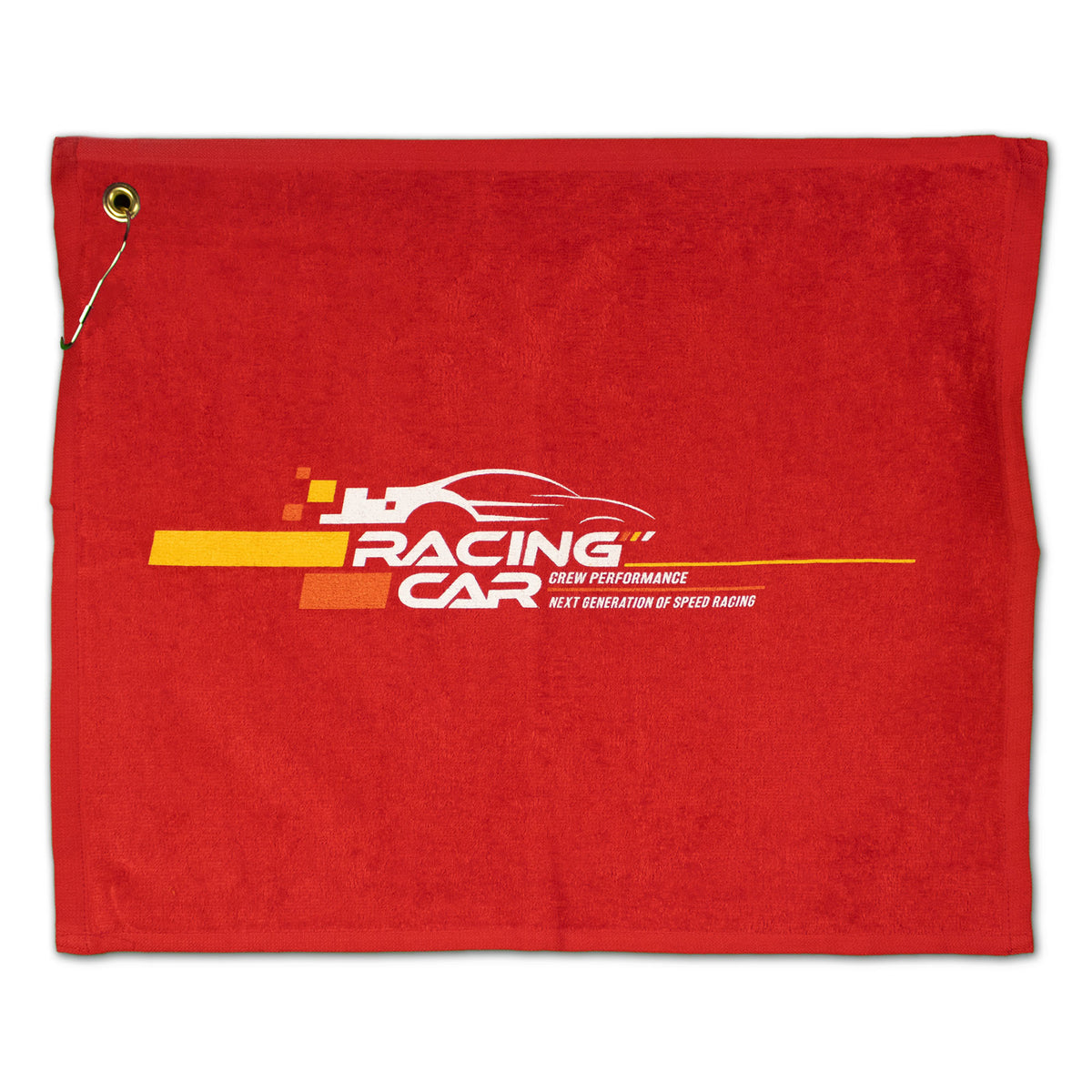 The Pro Towels Jewel Collection Soft Touch Golf Towel is red, with a yellow and white car graphic reading "Racing Car and Crew Performance Next Generation of Speed Racing," plus a metal grommet and string for easy attachment on the course.