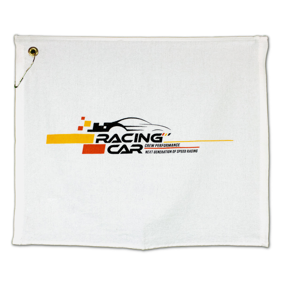 A white Jewel Collection Soft Touch Golf Towel by Pro Towels with a metal grommet and pin. Features a black race car outline, "Racing Car" text, colored stripes, and smaller text—perfect for custom logo or bulk golf towels.