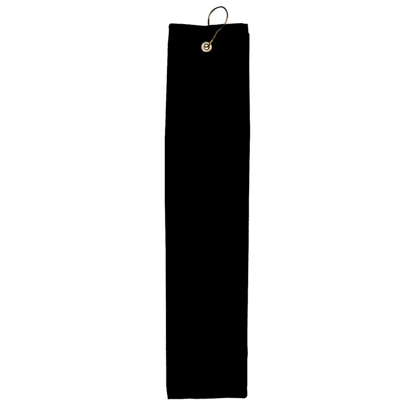 The Pro Towels Jewel Collection Sport Towel is a plain black, rectangular sport towel with a metal grommet and gold hook—great for custom embroidery or use as a rally towel.