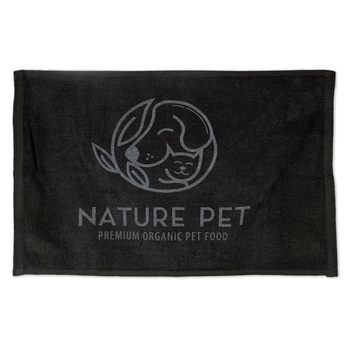 The Pro Towels Diamond Collection Sport Towel is black with a dog's face and leaf line drawing, plus "NATURE PET PREMIUM ORGANIC PET FOOD" text—ideal for custom embroidery or as a rally towel.