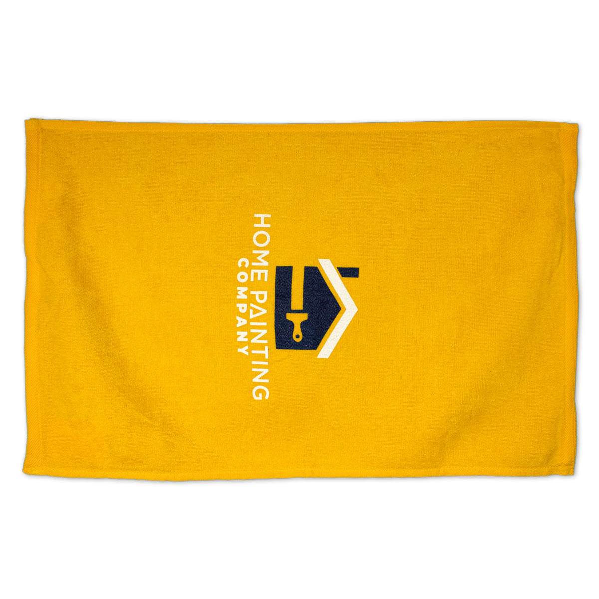 The Pro Towels Diamond Collection Sport Towel is a yellow rally towel featuring a house and paint roller logo with "Home Painting Company" in white and blue—ideal for custom embroidery or sporting events.