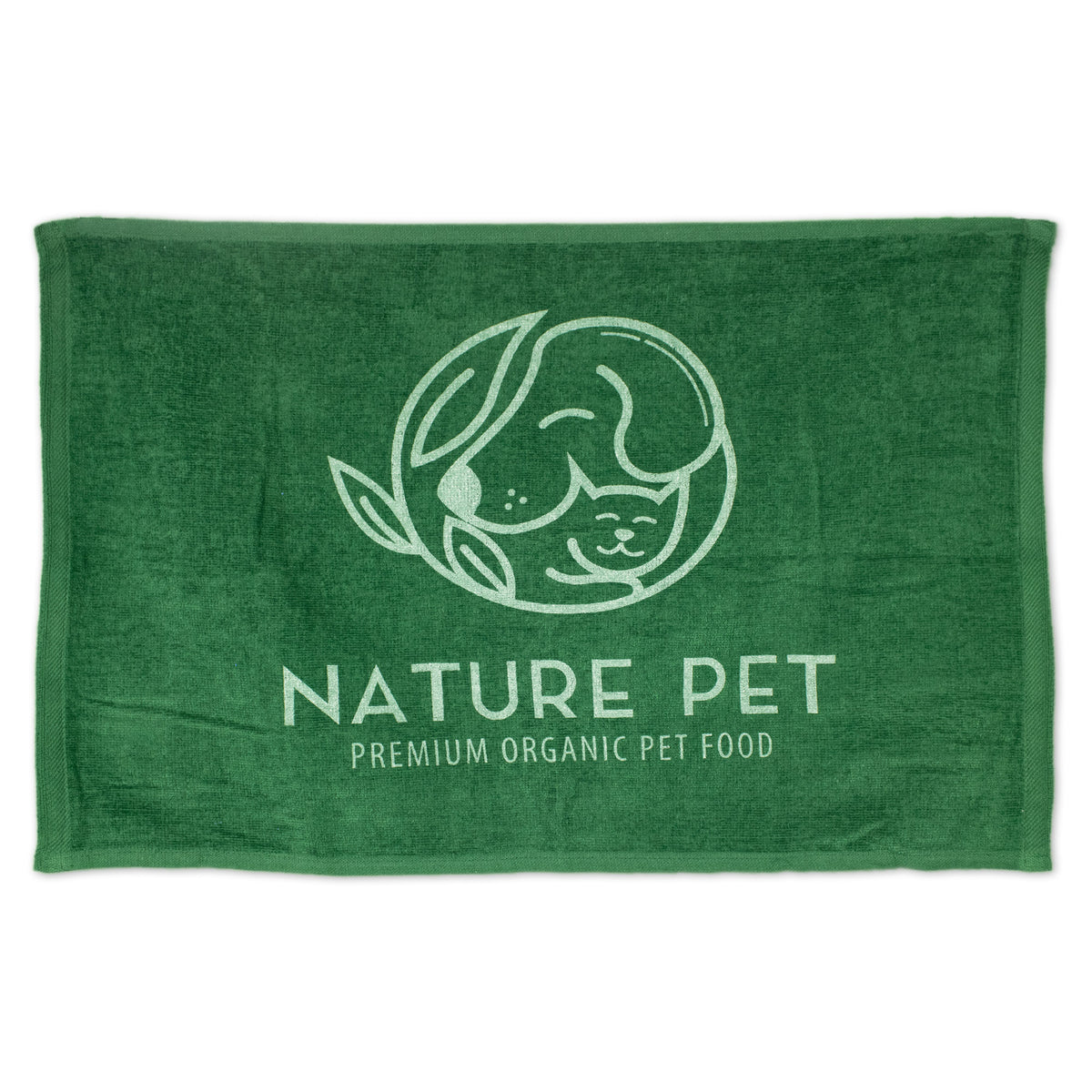 The Pro Towels Diamond Collection Sport Towel features an outline of a dog and cat in a leafy circle above “NATURE PET PREMIUM ORGANIC PET FOOD” in light letters. Perfect for custom embroidery.