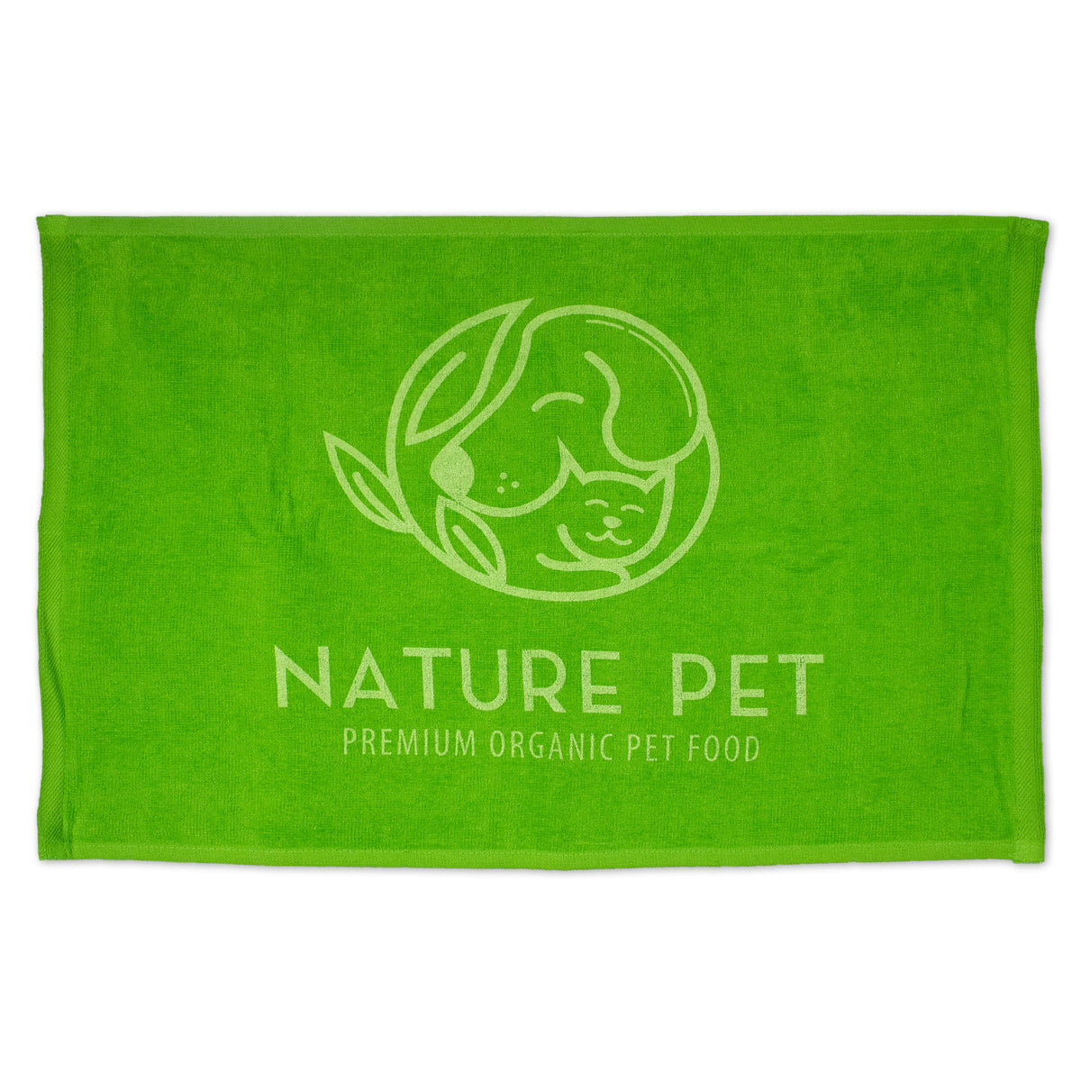 The Diamond Collection Sport Towel by Pro Towels is bright green with a white outline of a dog, cat, and leaves plus "NATURE PET PREMIUM ORGANIC PET FOOD" below. Perfect for custom embroidery to personalize your rally towel.