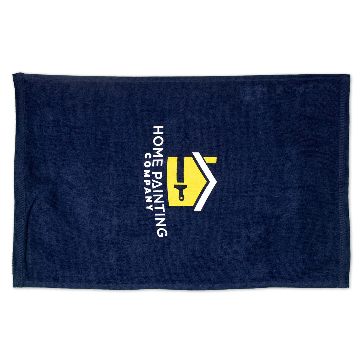 The Diamond Collection Sport Towel by Pro Towels features a navy blue design with a yellow and white house logo, paint roller, and vertically printed "Home Painting Company" text.