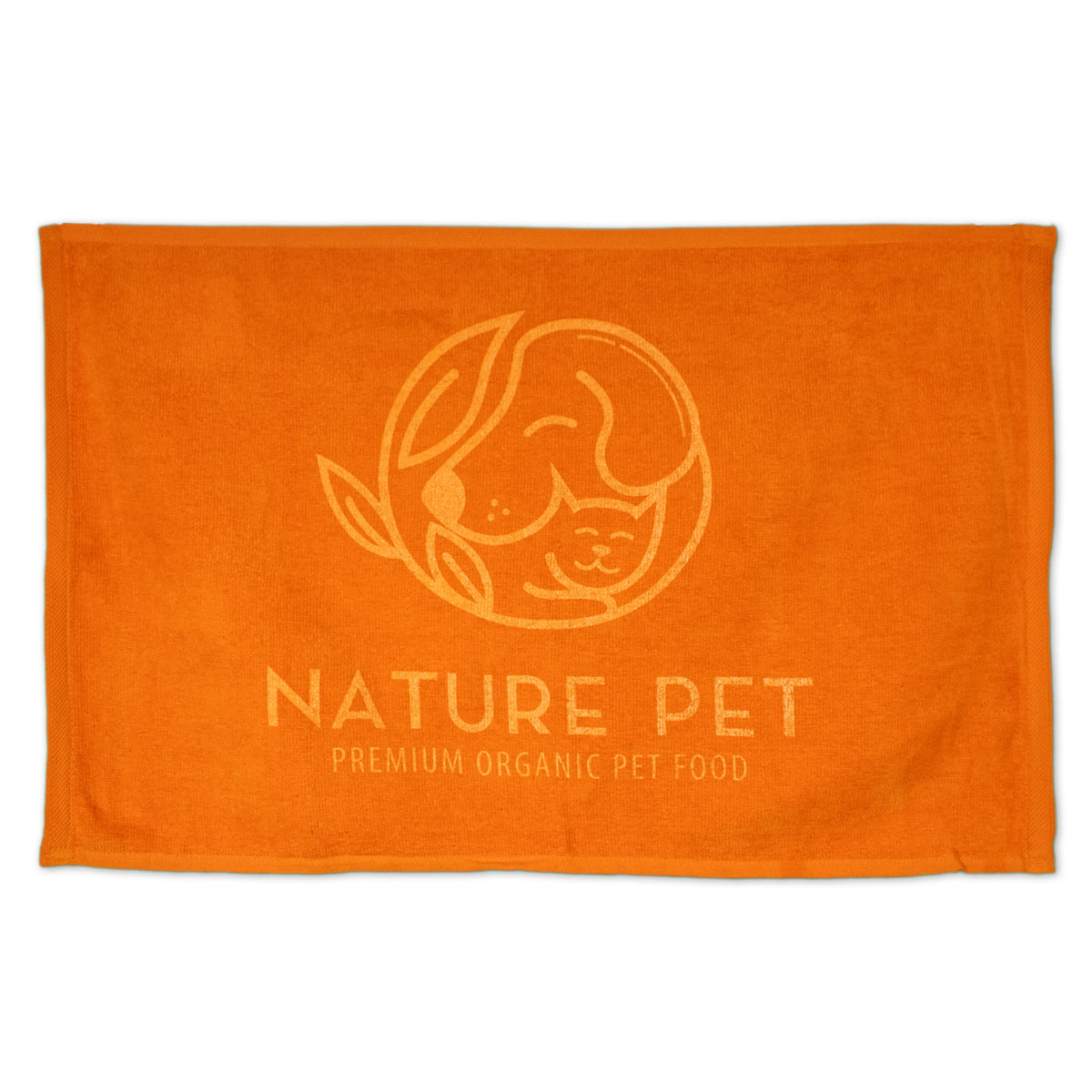 The Pro Towels Diamond Collection Sport Towel is orange with an outline of a dog and cat with leaves, plus "NATURE PET PREMIUM ORGANIC PET FOOD" text. Great for custom embroidery or as a rally towel for pet lovers.