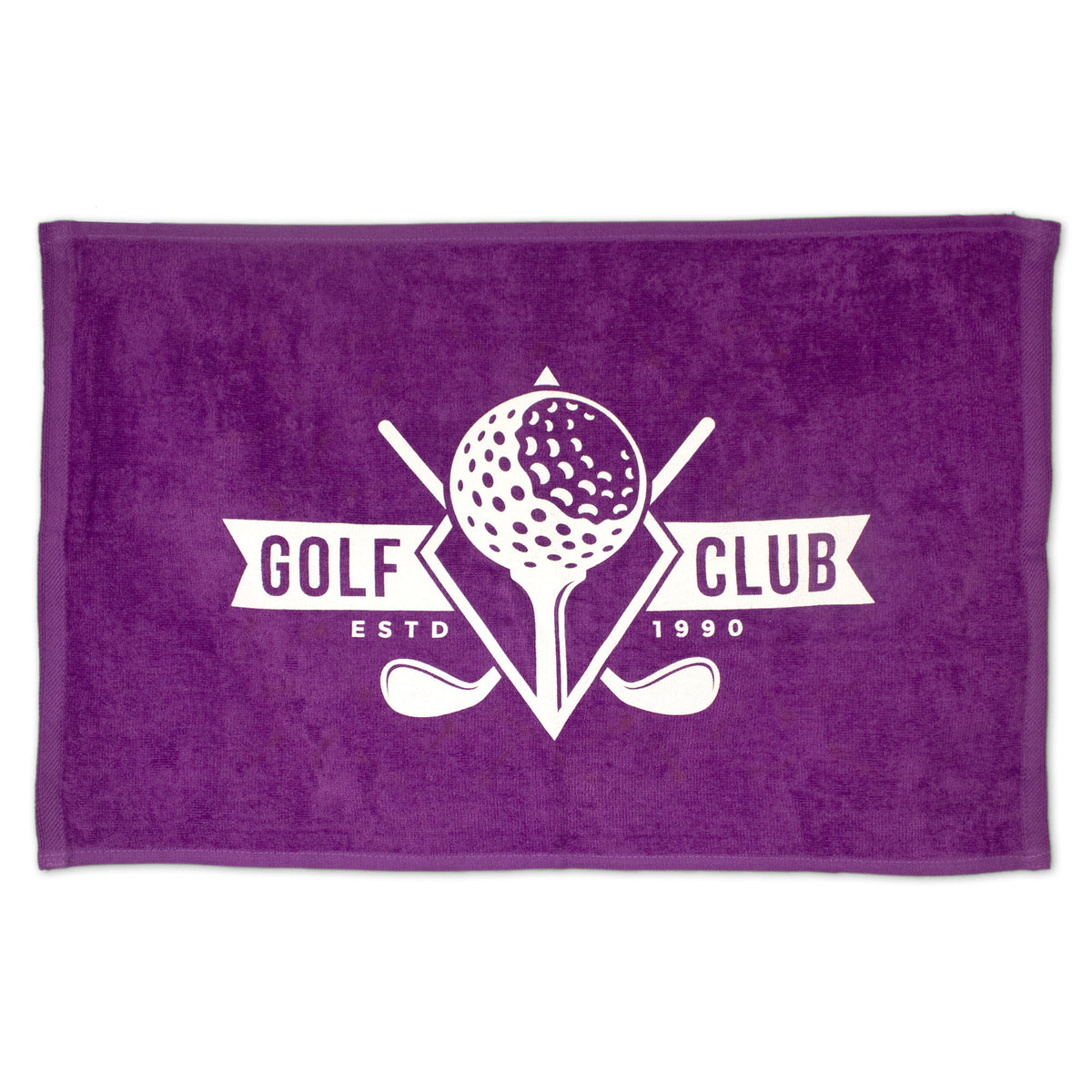 The Pro Towels Diamond Collection Sport Towel in purple features a white graphic of a golf ball, two golf clubs, and "Golf Club ESTD 1990"—ideal for custom embroidery.