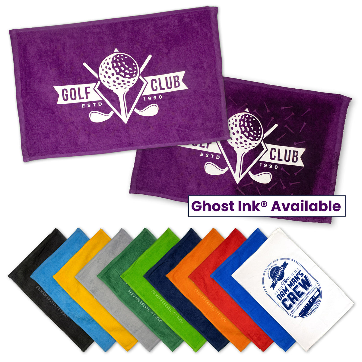 The Diamond Collection Sport Towels by Pro Towels feature assorted colors, custom prints or embroidery, including a purple towel with a Golf Club logo and a white rally towel with a blue Crew logo; more colors shown below.