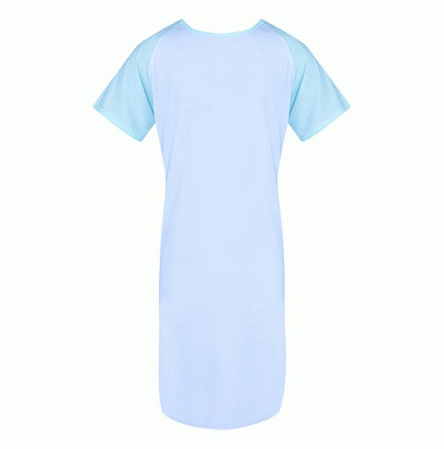 A KSE Teen Gowns short-sleeve dress in light blue is shown from the back against a white background, featuring slightly darker blue sleeves and a simple, straight design.