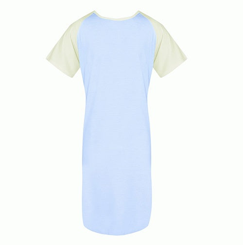 The KSE Teen Gowns feature a short-sleeved, knee-length pastel blue design with light yellow sleeves, displayed from the back on a plain white background.