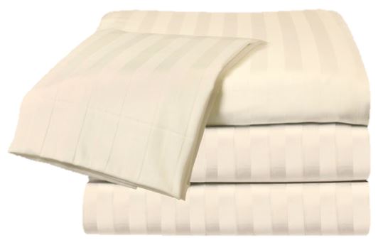 The KSE Fitted Sheets - Royal MicroLux Tone on Tone set features cream-colored microfiber sheets with a subtle striped pattern, including a flat sheet and pillowcases, all stacked neatly.