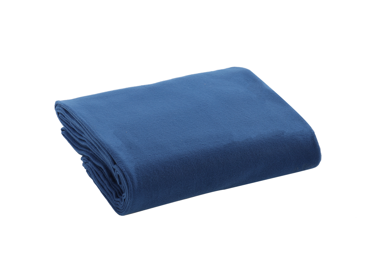 A neatly folded KSE Fleece Blanket in solid blue is displayed on a white background, perfect for bulk wholesale orders.