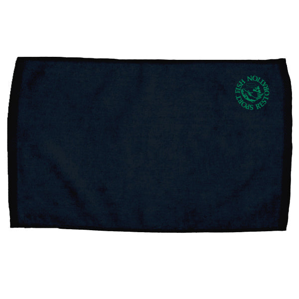 The Pro Towels Velour Fingertip Golf Towel is a black rectangular towel featuring a small green FISH SPOTTER SOLUTION logo in the top right—ideal for custom embroidery or as a promotional golf towel for your next event.