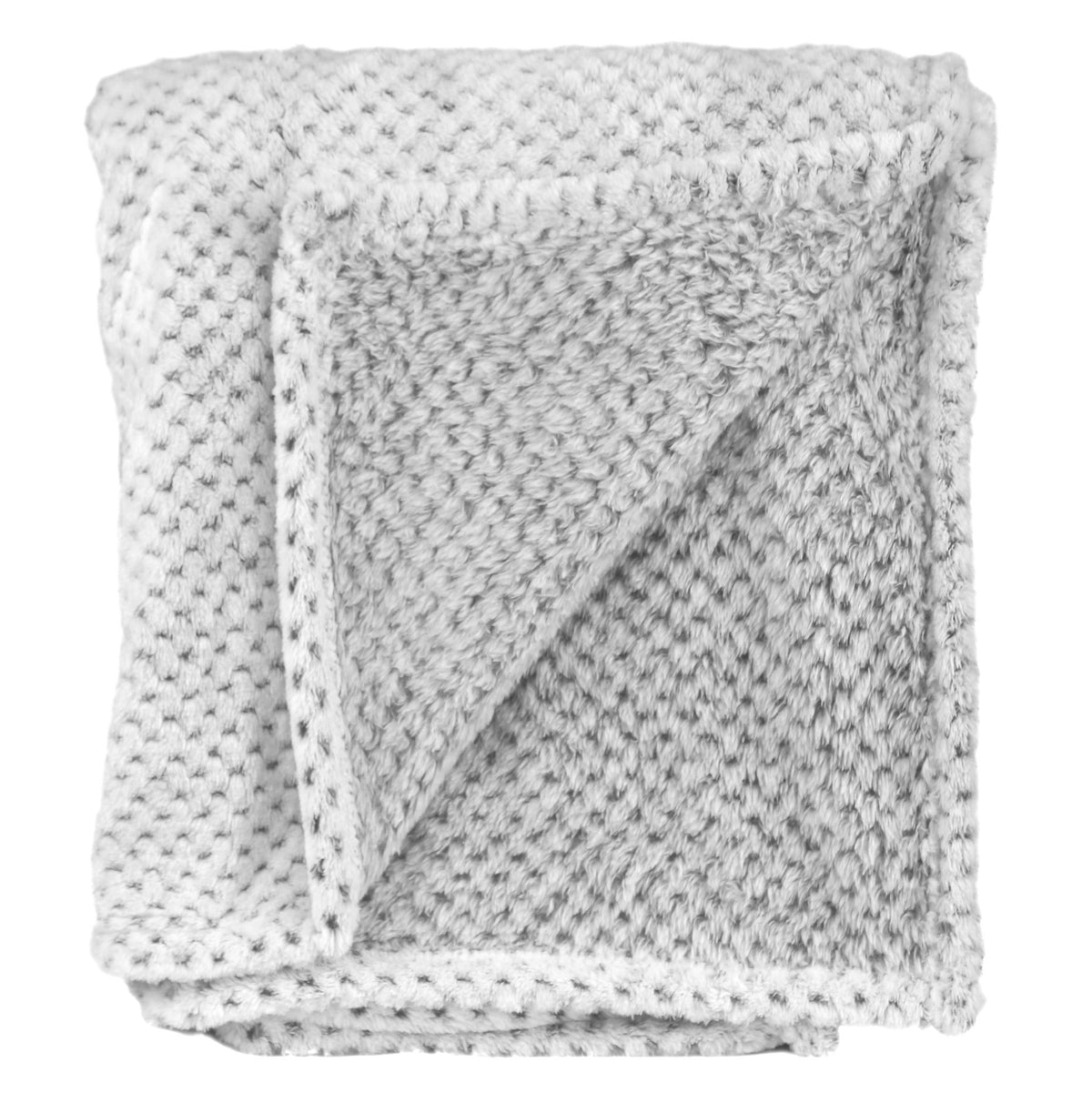 The Pro Towels Wanderlust Blanket, shown with a flipped corner to display its soft inner lining, features a folded, textured gray and white knit design. Personalize it with custom embroidery options for a unique touch.