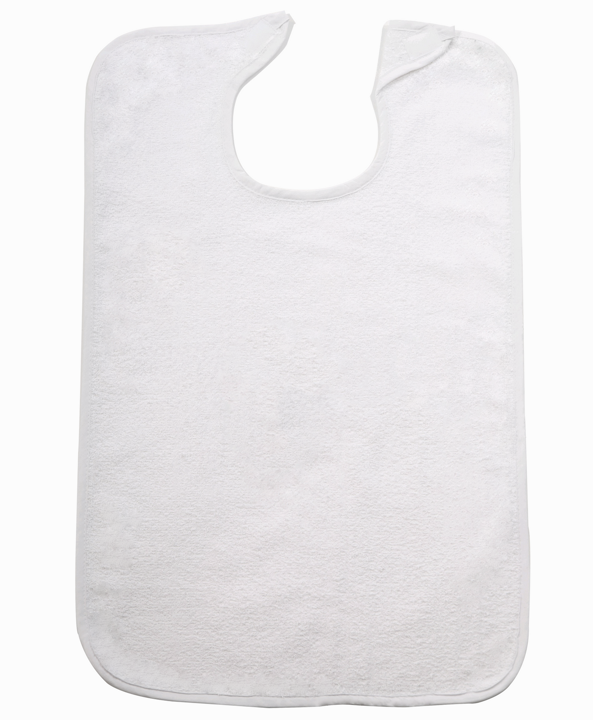 The KSE Adult Terry Bib / Clothing Protector features a rounded neckline and soft, absorbent fabric. Ideal for elderly care, this plain white bib offers a simple design and is shown lying flat against a white background.