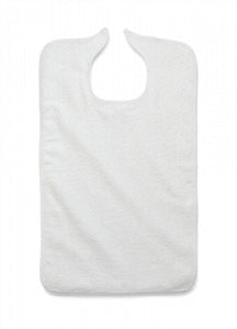 The KSE Premium Adult Terry Bib / Clothing Protector features a U-shaped neck, soft absorbent fabric, and a metal snap closure. Shown laid flat on a white background, its ideal for effective protection.