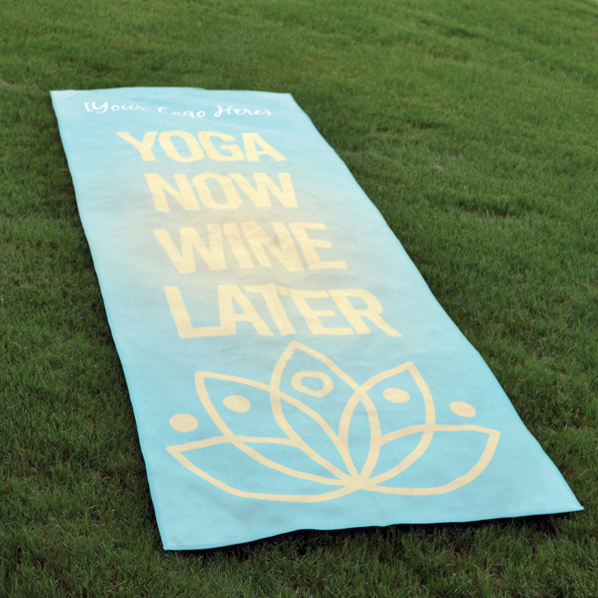 The Pro Towels Yoga Mat Fitness Towel features a blue mat with a yellow lotus graphic and “YOGA NOW WINE LATER” text, plus a soft microfiber towel for extra comfort during your workout.