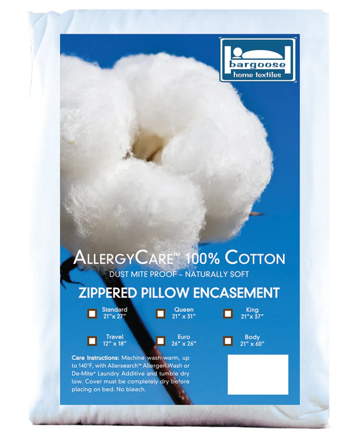 Packaging for the AllergyCare™ Cotton Allergen Barrier Pillow Protector by Bargoose displays a large cotton boll on a blue background with various size options—ideal for allergy relief and sensitive sleepers.