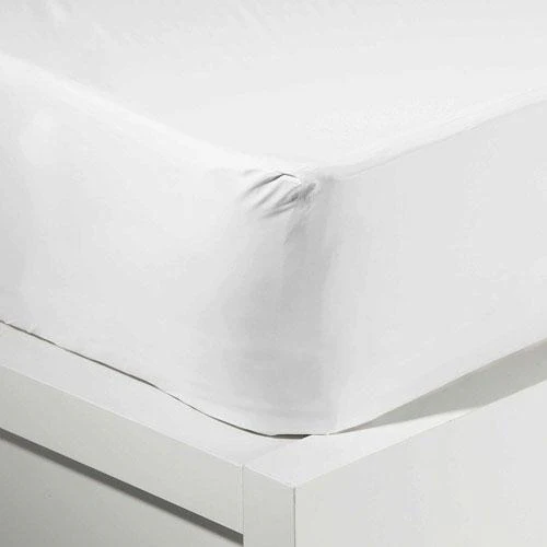 A close-up of the Bargoose AllergyCare Cotton Fitted Mattress Encasement, 16 deep, neatly hugging the corner of a mattress on a white bed frame.