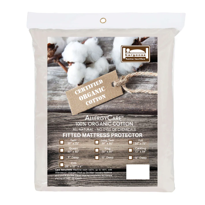 The Bargoose AllergyCare Organic Cotton Fitted Mattress Encasement (9" deep) is made from 100% certified organic cotton. Packaging displays cotton imagery and details its dust mite allergen barrier and various allergy care size options.