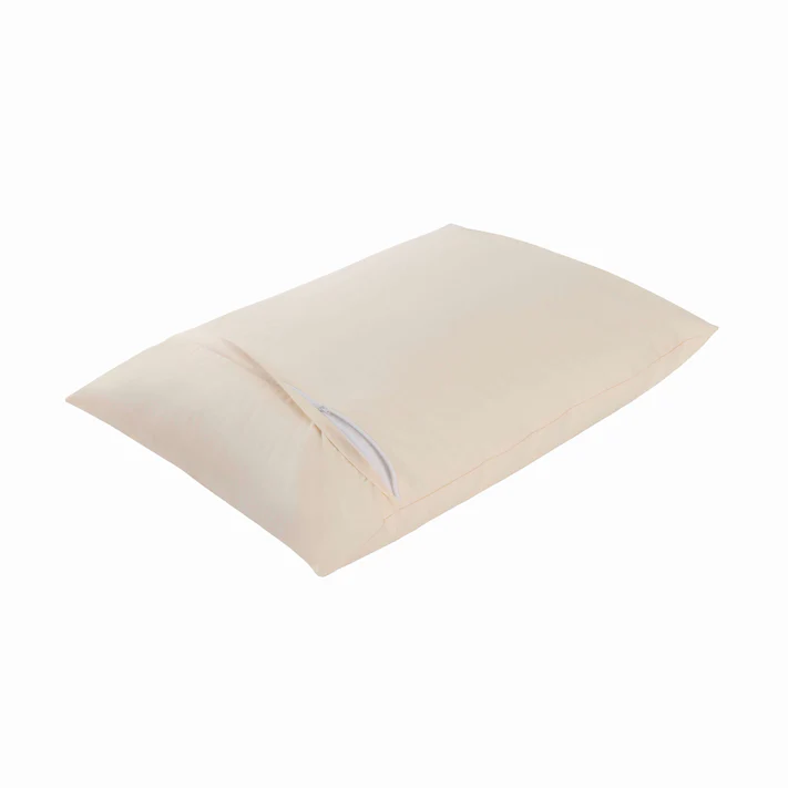 The Bargoose AllergyCare™ Allergen Barrier Organic Cotton Pillow Protector, shown in beige on a white background, features an envelope-style opening that reveals part of the inner pillow for easy use and added allergen protection.