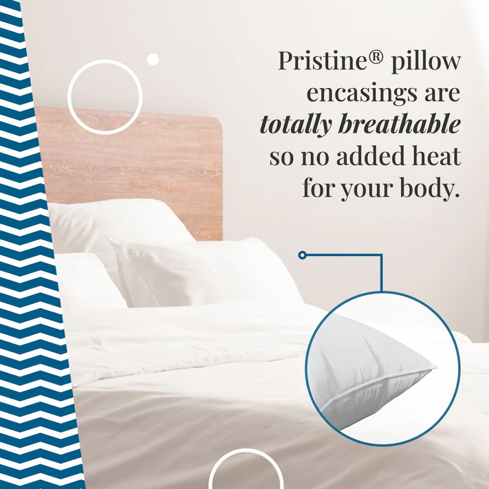 A neatly made bed with white sheets and pillows by a wooden headboard. Text: Bargoose AllergyCare Pristine® Allergen Barrier Zippered Pillow Covers are breathable for cool comfort. Inset shows a close-up of the zippered pillow cover.