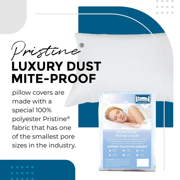 A white pillow in packaging for Bargoose AllergyCare Pristine® Allergen Barrier Zippered Pillow Covers, featuring a woman resting and text about allergy care, zippered encasing, 100% polyester fabric, and small pore size protection.