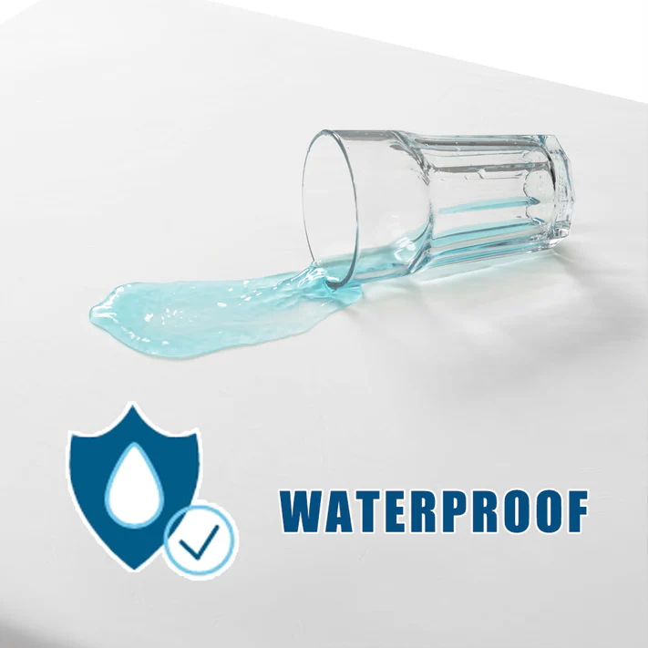 A glass of blue liquid spills on a white surface with a waterproof icon, showing that the Bargoose 6 Gauge Vinyl Zippered Cover protects mattresses up to 12 deep by resisting liquid absorption for lasting waterproof protection.