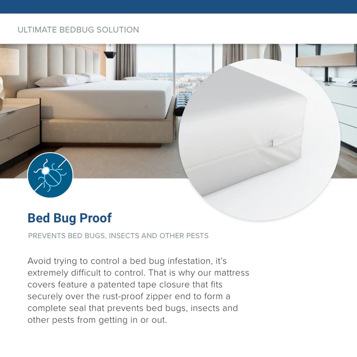 A modern bedroom displays the Bulk Linen Supply 3 Ply Quilted Waterproof Mattress Pad with 16 Fitted Skirt. The zippered cover is bed bug proof, offering pest protection as well as added comfort and durability.