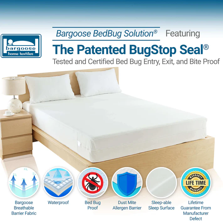 A neatly made bed features the Bargoose BedBug Solution™ Elite Low Profile Zippered Mattress/Boxspring Cover, fitting mattresses up to 6 deep. Enjoy waterproof, bed bug proof protection with a BugStop Seal and lifetime guarantee.