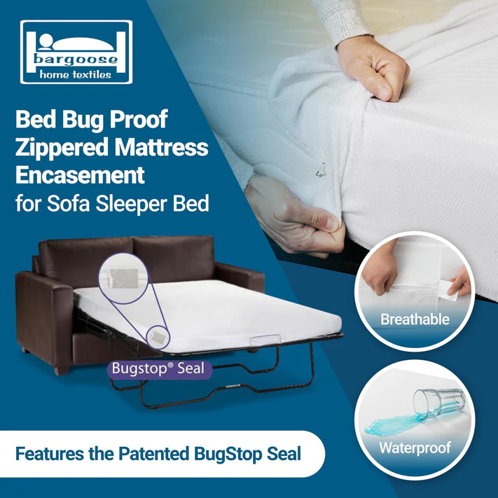 A hand zips up the Bargoose BedBug Solution™ Elite Sleeper Sofa Zippered Encasement, highlighting its breathable, waterproof fabric and patented BugStop seal for a bed bug proof mattress cover to protect your sofa sleeper bed.