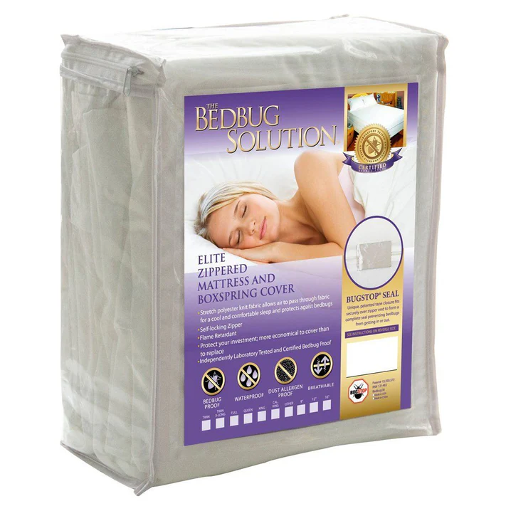 Clear plastic packaging contains the Bargoose BedBug Solution™ Elite Sleeper Sofa Zippered Encasement, a bed bug proof cover with a photo of a woman sleeping and icons for features like waterproof protection and dust allergen defense.