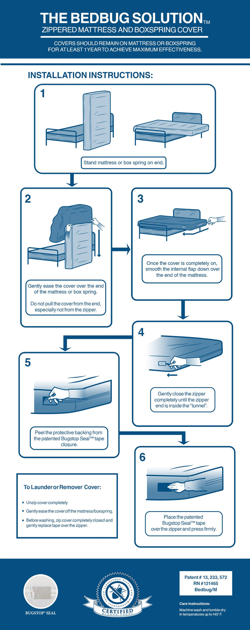Infographic with step-by-step instructions for installing the Bargoose AllergyCare Organic Cotton Fitted Mattress Encasement (12 Deep), featuring bedbug protection, diagrams of mattress and zipper, and laundering tips at the bottom.