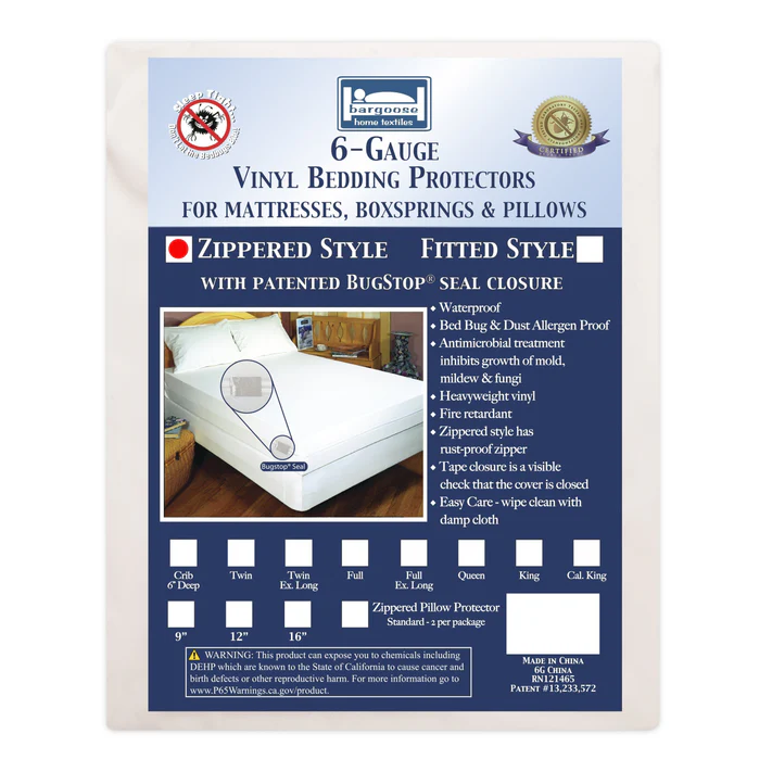 A product label for the 3 Ply Quilted Waterproof Mattress Pad with 16 Fitted Skirt by Bulk Linen Supply, featuring a white pad on a bed. Offers waterproof, hypoallergenic protection and antimicrobial treatment in a fitted style.