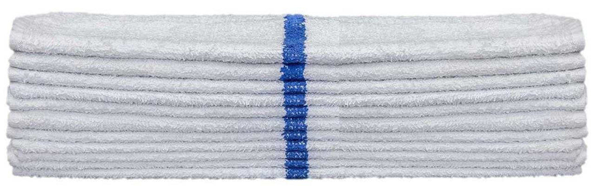 A neatly folded stack of KSE Bar Mops - White w/ Center Stripe terry cloth towels, each featuring a single blue stripe running vertically down the center.