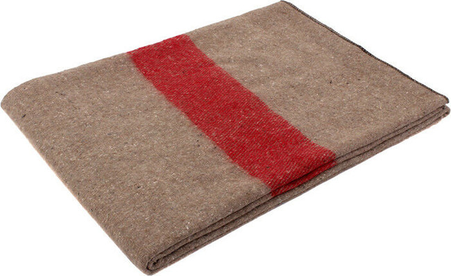 The Wool Blankets - Swiss Style Wool Blanket by Wool Blankets features classic Swiss Army styling with a folded brown wool design and a bold red stripe—ideal for warmth and timeless style.