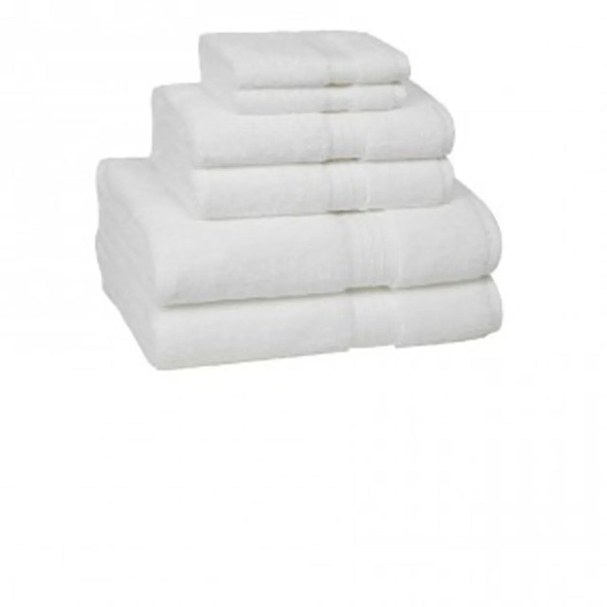 A set of five KSE Freedom Collection 100% cotton white bath towels in assorted sizes, stacked from largest to smallest, displayed against a plain white background.