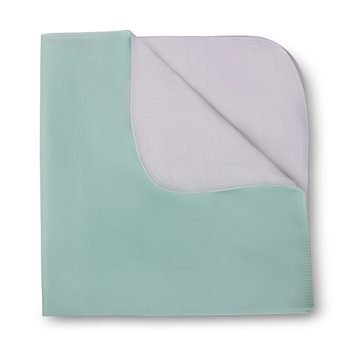 The KSE Twill Underpads - 10 oz. (34 x 36) are shown neatly folded, revealing a white quilted side and smooth light green underside—perfect for incontinence protection.
