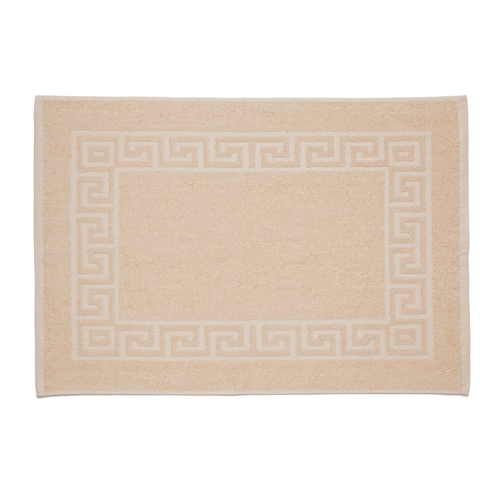 A rectangular beige cotton bath mat with a Greek key border, shown on a white background—ideal for pairing with WestPoint Homes Martex Fingertip towels collection.