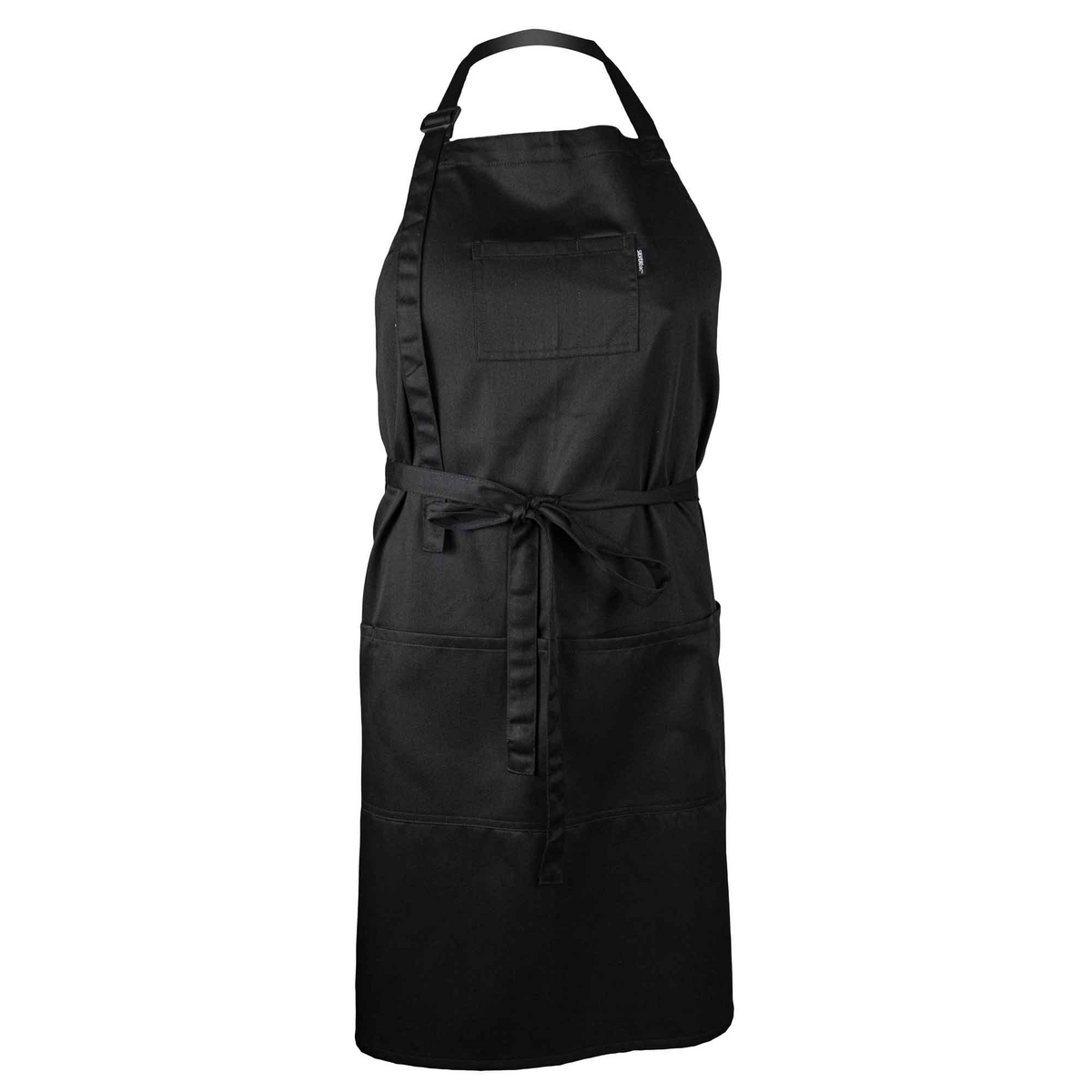 The Martex Health Lab Coat by WestPoint Home is a black antimicrobial apron with SILVERbac, neck strap, chest pocket, two large lower pockets, and waist tie, shown on a white background.