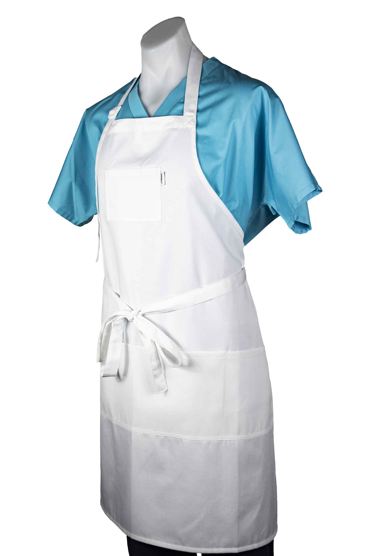 A mannequin wears Martex Health Lab Coats by WestPoint Home in light blue with an antimicrobial apron featuring a front pocket, waist tie, and SILVERbac technology, shown waist up against a plain background.