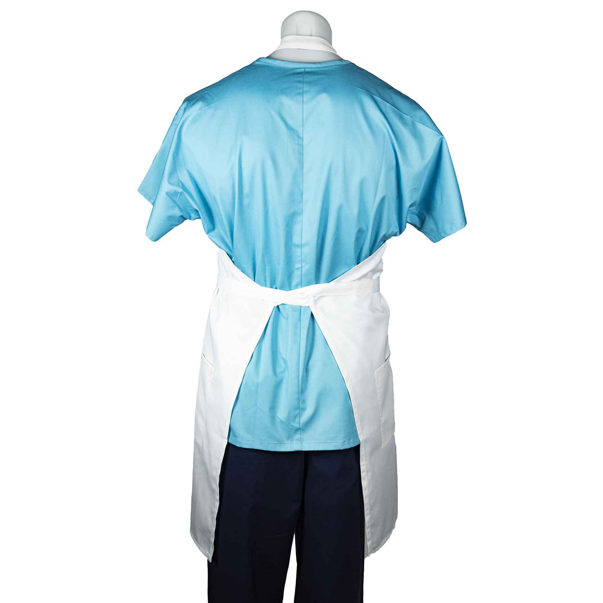 A mannequin, viewed from the back, wears WestPoint Home’s Martex Health Lab Coat over light blue medical scrubs. The plain-headed mannequin displays how the antimicrobial lab coat ties securely at the waist.