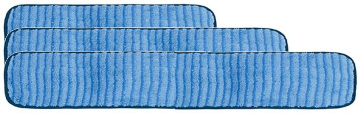 Three KSE Microfiber Scrubber Mop Pads - Piped Edge are stacked in a staggered arrangement against a white background, featuring blue, ribbed surfaces—perfect for commercial cleaning or bulk wholesale use.