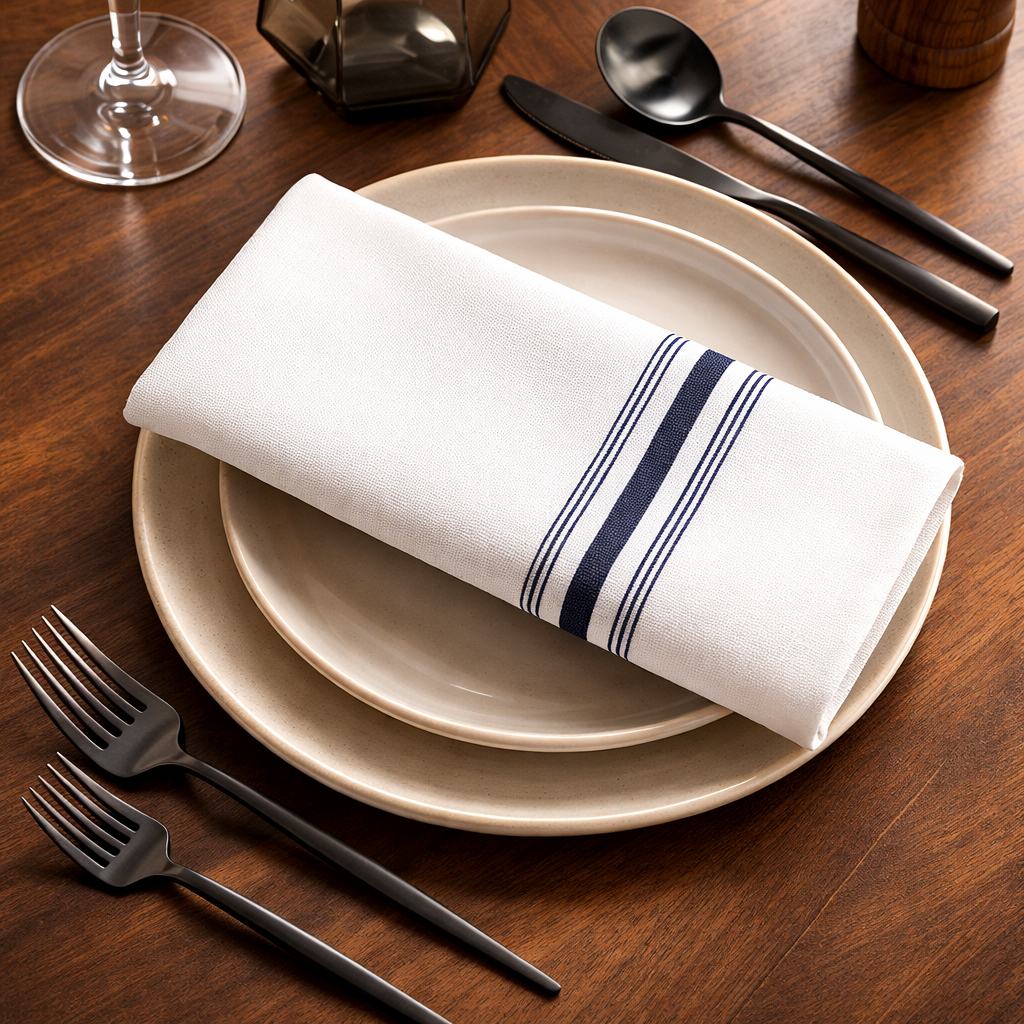 A dining table set with two beige plates, black cutlery, a wine glass, a brown pepper grinder, and the PREMIER BISTRO TABLE LINEN by 1Concier, all stylishly arranged on wood for commercial use.