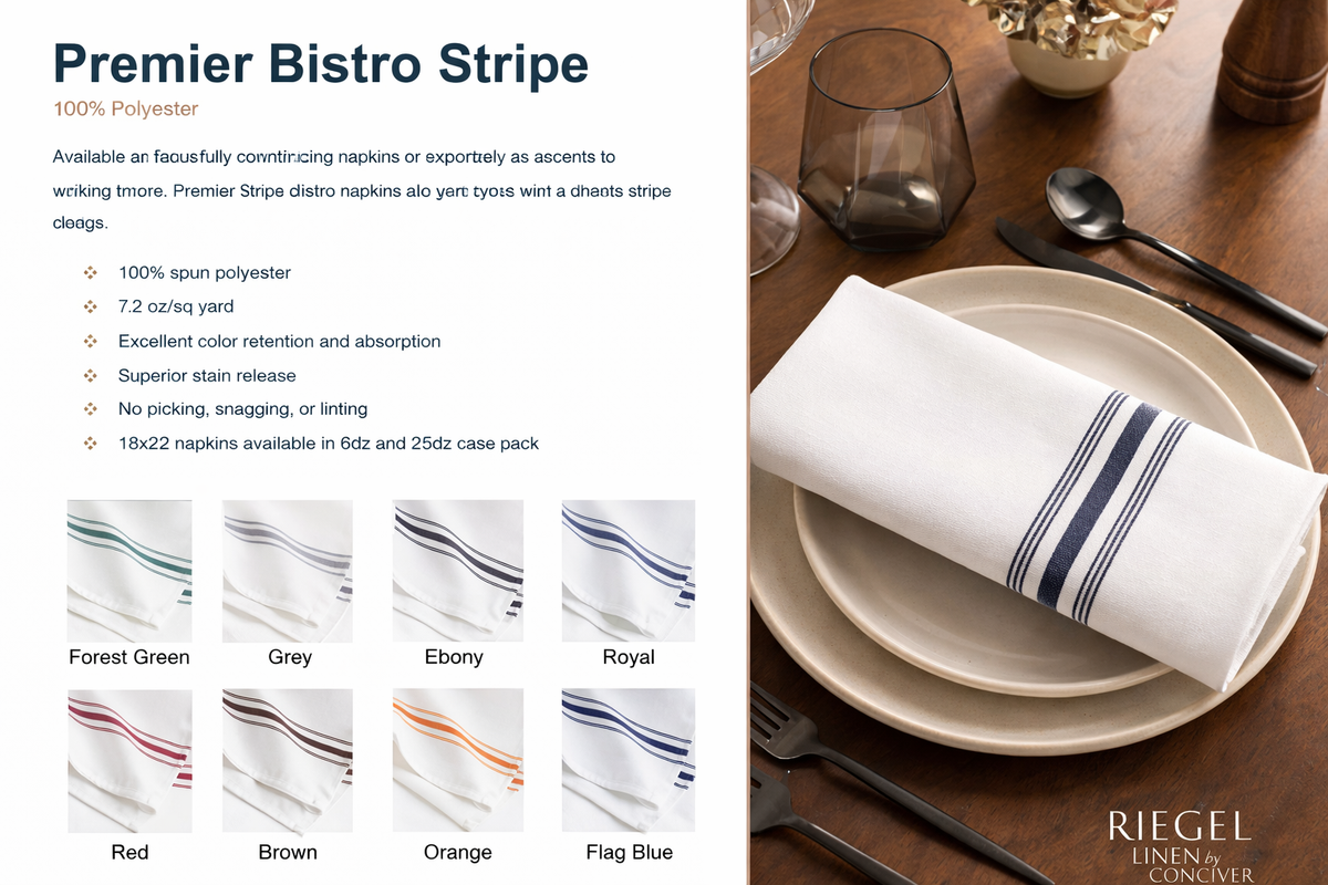A PREMIER BISTRO TABLE LINEN napkin by 1Concier, white with yarn-dyed blue stripes, is rolled on a plate with cutlery. Swatches display commercial color options: Forest Green, Grey, Ebony, Royal, Red, Brown, Orange, and Flag Blue.