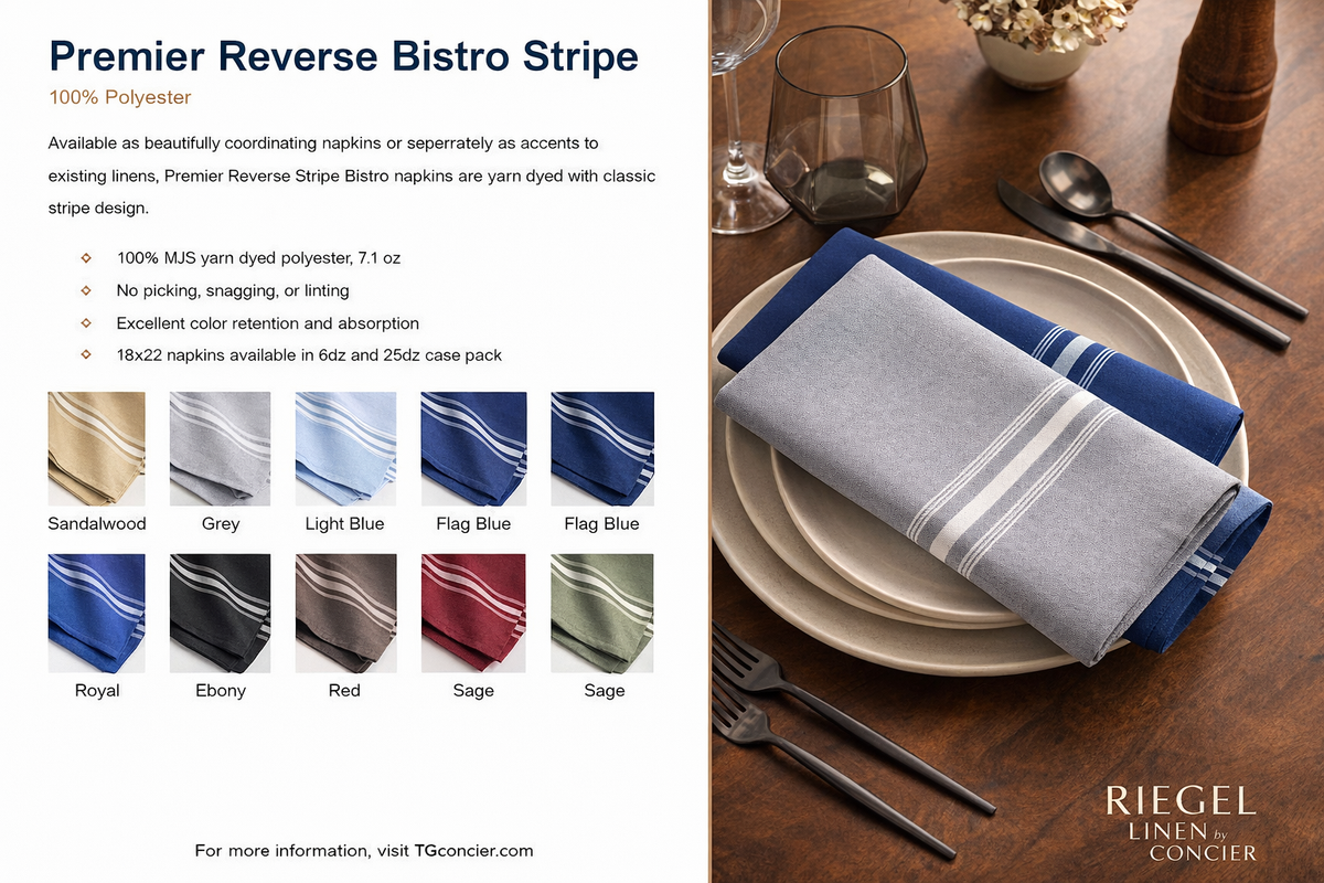 The PREMIER BISTRO TABLE LINEN by 1Concier in gray yarn-dyed stripes is folded on a blue napkin atop a plate, with silverware and a glass nearby. Fabric color options and product details are shown on the left.