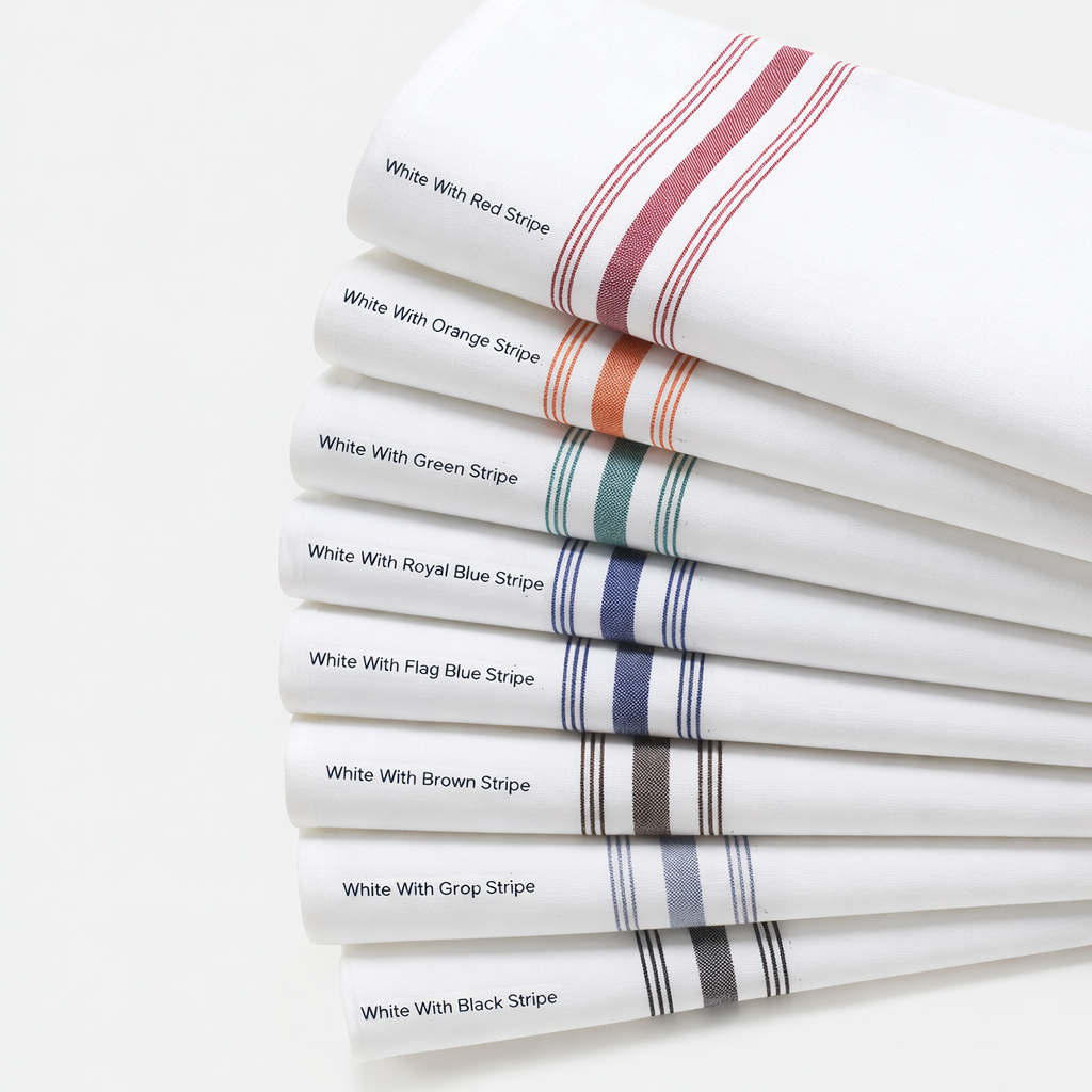 Nine PREMIER BISTRO TABLE LINEN napkins by 1Concier, each with a unique yarn-dyed stripe—red, orange, green, teal, royal blue, flag blue, brown, gray, or black—are stacked and labeled by color; perfect for commercial use.